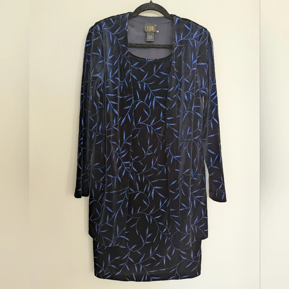 90s Whimsygoth Glittery Blue & Black Velvet Long Sleeve Dress & Cardigan Set